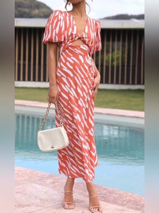 Commense Dresses & Skirts - Commense Coral and White Cutout Midi Dress
